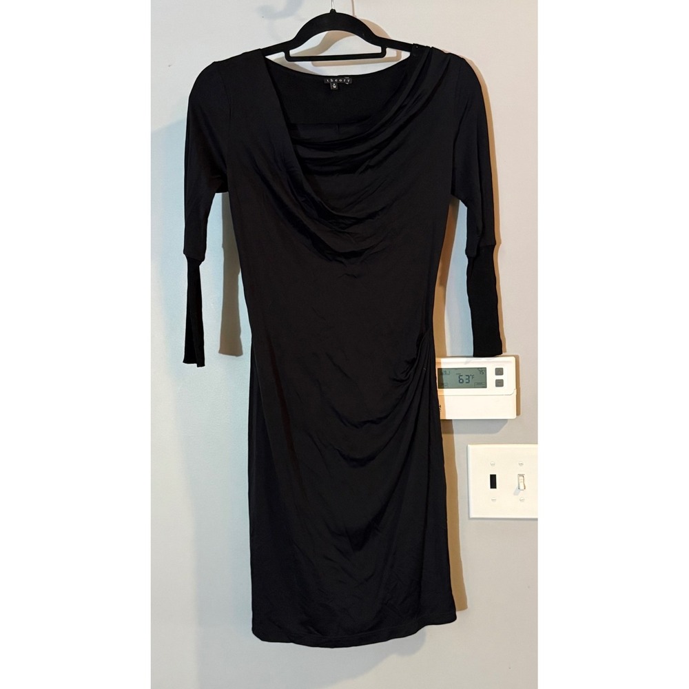 Theory Dress Womens P Draped Cowl Neck 3/4 Sleeve Black Silk Viscose Blend‎